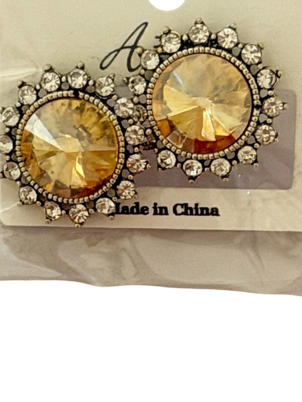 Vintage Style Crystal Halo Stud Earrings Gold Champagne Rhinestone